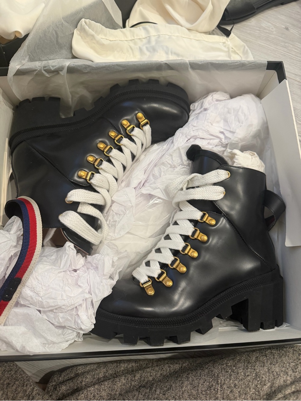 Gucci Black Leather Lug Ankle Boots with White Laces and Gold-Tone Eyelets
